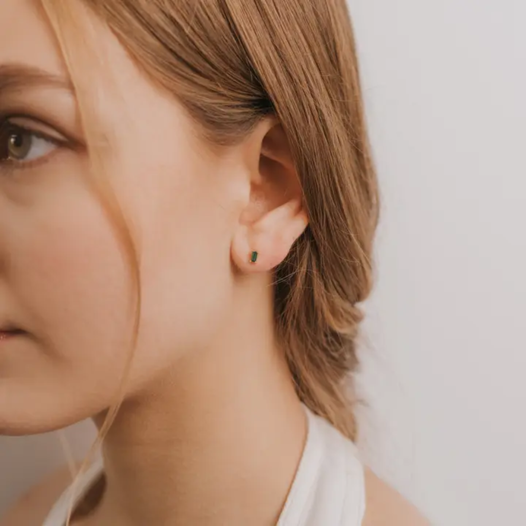 Baguette Gold Earrings Emerald